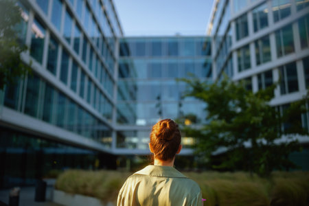 Seen from behind female worker near office building in green blouse.の写真素材