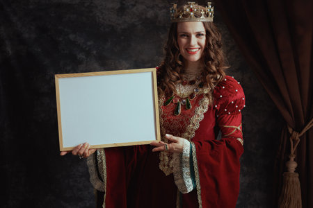 smiling medieval queen in red dress with crown showing blank board on dark gray background.の写真素材