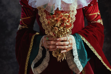 Closeup on medieval queen in red dress with dried flower and white collar on dark gray background.の写真素材