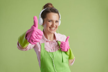 Spring cleaning. happy modern 40 years old housewife in green apron and rubber gloves on green background with headphones showing thumbs up.の写真素材