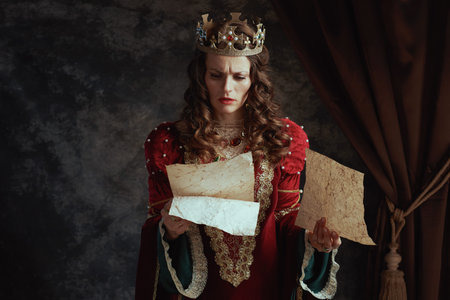 stressed medieval queen in red dress with parchment and crown on dark gray background.