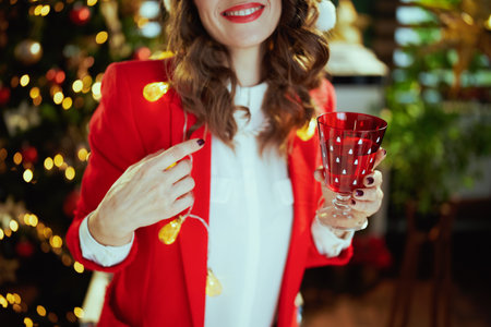 Christmas time. Closeup on smiling small business owner woman in santa hat and red jacket with wineglass in green office with Christmas tree.の写真素材