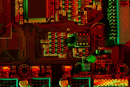 Close-up of a motherboard with integrated circuits and connectors under red and green lighting,...