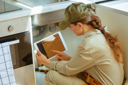 A woman plumber in khaki work clothes points at a tablet screen while inspecting plumbing under a kitchen sink, likely troubleshooting a clog.の写真素材