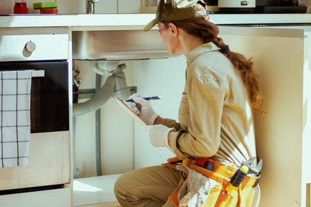 A plumber with braided hair examines plumbing under a kitchen sink, ensuring everything functions correctly.の写真素材