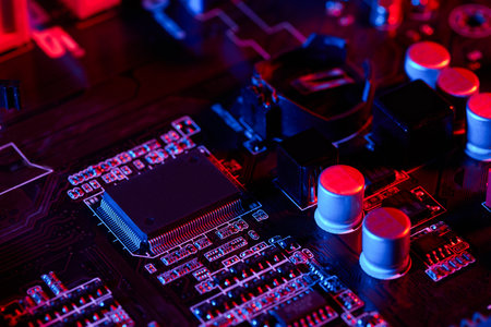 Close-up of a computer motherboard surface with chips, capacitors, and circuits illuminated in red and blue, creating a high-tech, intricate electronic representation.の写真素材