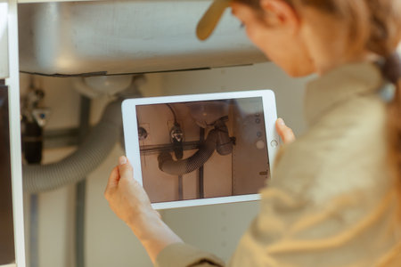 A plumber uses a tablet to inspect under a sink, showing a close-up image of the plumbing to aid in troubleshooting a kitchen problem.の写真素材
