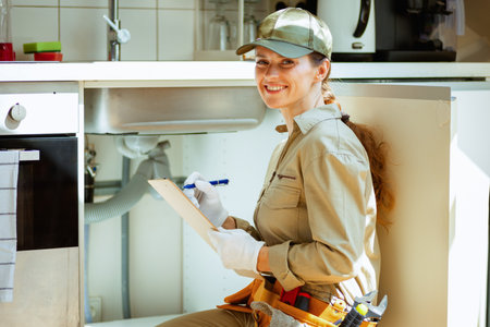 A smiling plumber kneels to inspect a kitchen sink, clipboard in hand, ensuring top-notch service.の写真素材