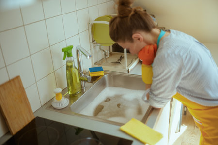 Wearing gloves and apron, a frustrated woman leans toward a full soapy sink that wonât drain, overwhelmed by a kitchen pipe problem.の写真素材