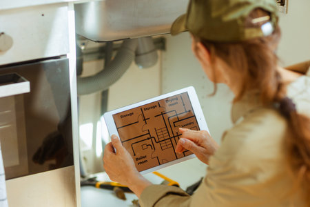 A woman plumber examines a floor plan on a tablet under a sink, potentially planning a renovation or...