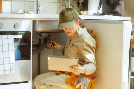 A female plumber kneels under a kitchen sink with a wrench and tablet, inspecting a pipe blockage and combining hands-on work with digital tools.の写真素材