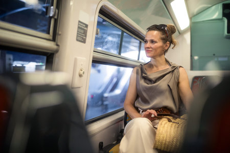 A confident woman with sunglasses on her head looks relaxed gazing out a train window during her city break. She embodies the joy and freedom of modern solo travel.の写真素材