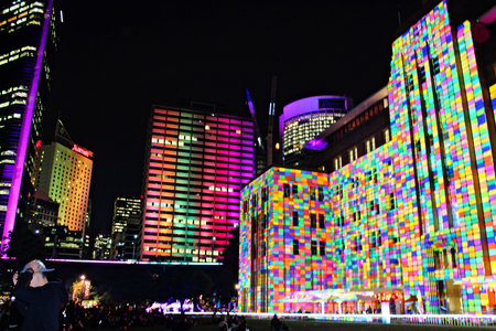 Museum of Contemporary Art Sydney lit up as part of Vivid Light Festivalの素材