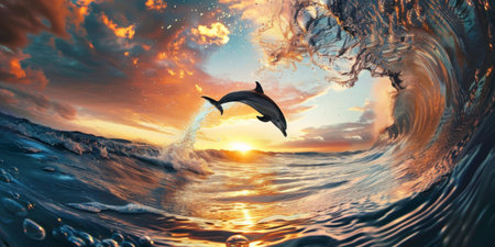 dolphins jumping from rolling sea waves under a beautiful evening or twilight sky, original image