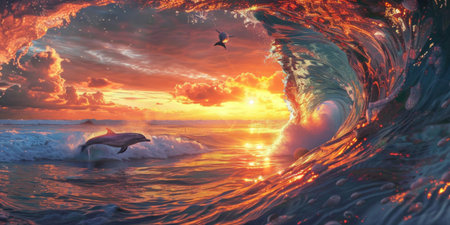 dolphins jumping from rolling sea waves under a beautiful evening or twilight sky, original imageの写真素材