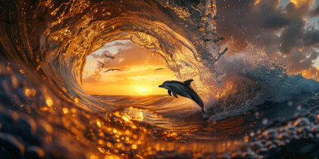 dolphins jumping from rolling sea waves under a beautiful evening or twilight sky, original imageの写真素材