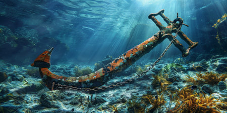 The ship's anchor and chain landed on the deep seabed, covered in moss and sea plants, very mysterious and coldの写真素材