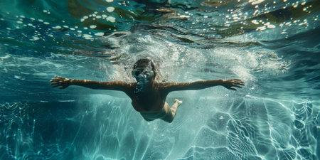 woman diving in steep swimming pool front view, real pictureの写真素材