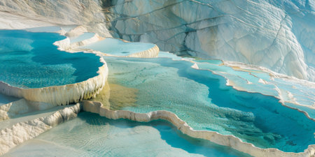 mineral-rich light blue hot springs on white terraces on a hillside. Outdoor spa in nature, travel destination, relaxation and tranquility of landscapeの写真素材