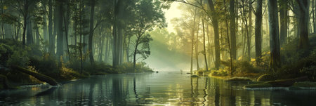 a calm river in the middle of a serene forest with Tranquility with Calm Natural Melodiesの写真素材