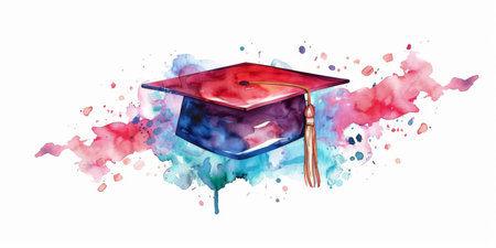 Image of graduation cap and tassel, watercolorの写真素材