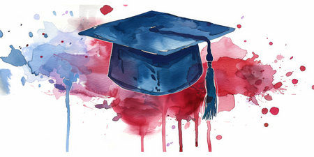 Image of graduation cap and tassel, watercolorの写真素材