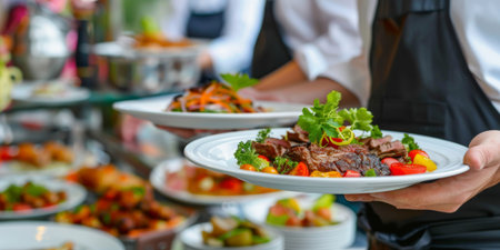 waiter serving food at dining table in commercial restaurant