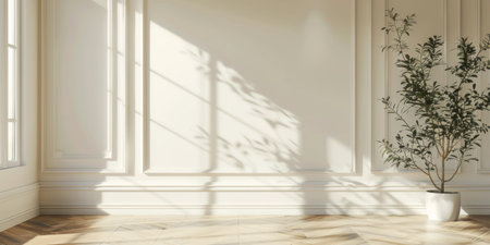 Minimalist modern wall interior background with sunlight silhouetteの写真素材