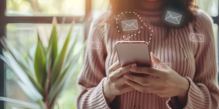 Email concept, Closeup of woman's hand using mobile phone with email iconの写真素材