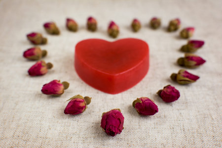 Red handmade soap surrounded by dried rose flowers. Love and romantic.の写真素材