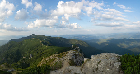 Beautiful panoramic view of Ceahlau National Park from the top of Toaka Peak. Eastern Carpathians,...