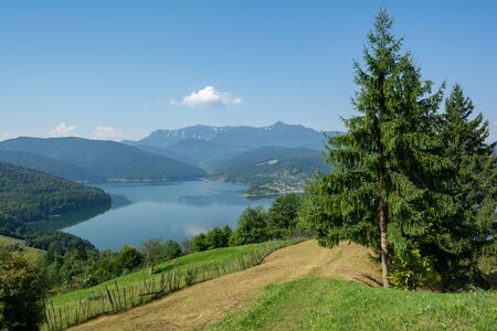 Beautiful view of Lake Izvorul Muntelui (Lake Bicaz) in Eastern Carpathians, Romaniaの写真素材