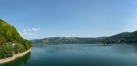 Beautiful panoramic view of Lake Izvorul Muntelui (Lacul Bicaz) from the dam, Romaniaの写真素材