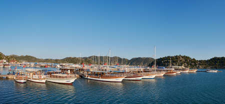 KEKOVA, TURKEY - APRIL 11, 2021: Panoramic  view of the Kekova bay with yachts and boats, Demre district, Turkeyのeditorial素材