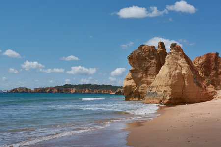 Beautiful view of the beach Tres Castelos in Portimao, Algarve region, Portugal