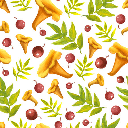 Seamless pattern of watercolor hand-drawn chanterelle isolated on white background. Yellow and...