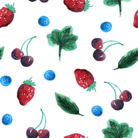Cherry, strawberry and blueberry seamless pattern on whiteの写真素材