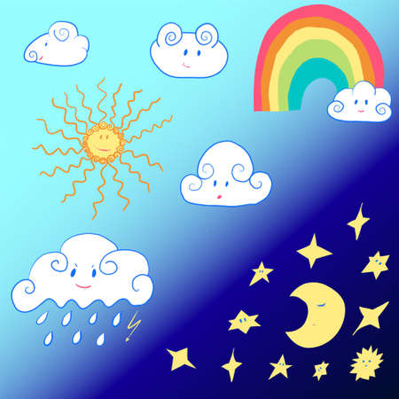Set of white clouds with sun, moon, railbow and stars. Smiling elements with different mood. Children illustration for decoration. Day and night periods, curling lines. Rain with lightning. Vectorのイラスト素材