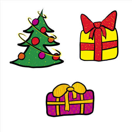 Set of vector colorful cartoon Christmas tree and gifts. Decorated fir tree and two box of presents for the New Year party. Flat style isolated holiday collectionのイラスト素材