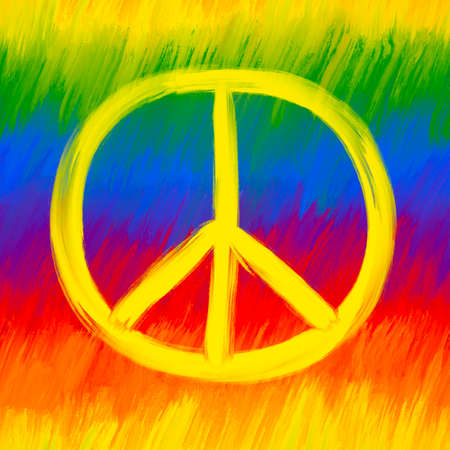 Seamless pattern of hand-drawn rainbow colored lines with peace symbol. Multicolored stripes of red, orange, blue, violet, green and yellow colors. Wrapping paper, textile, wallpaper, scrapbooking.の写真素材