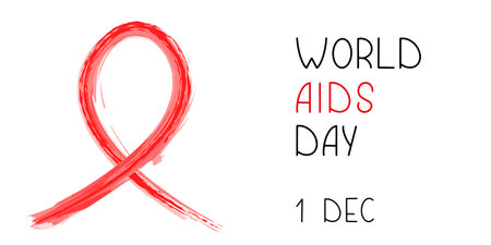 Banner or poster for World AIDS Day. Red watercolor ribbon as symbol of illness and inscription on...