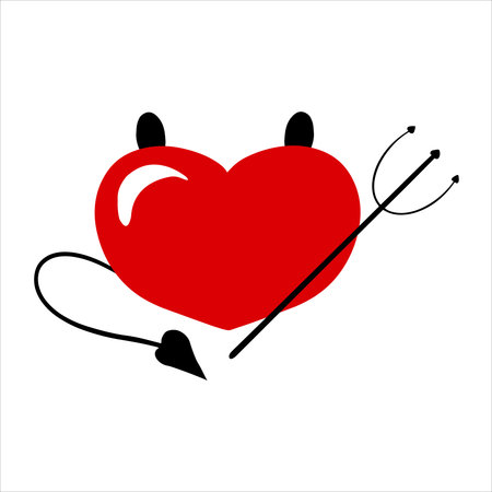 Vector illustration of devil heart with horns, tail and trident in red and black isolated on white. Clip art for print, sticker, decoration for Valentines day or as demon of evil love, sexuality,のイラスト素材