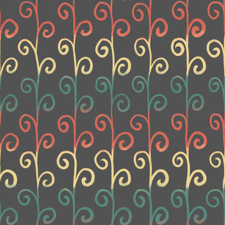 Seamless pattern of hand-drawn rainbow spirals on lines. Multicolored swirls connected to stripes of red, green and yellow colors isolated on gray background. Textile and wrapping, digital paperの写真素材