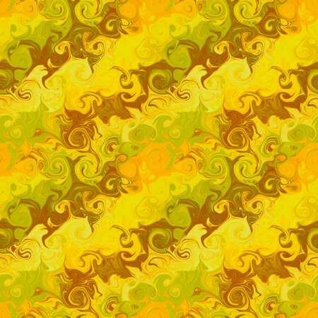 Multicolored swirls in paper marbling technics. Abstract Seamless pattern of spirals of different shapes and sizes in bright yellow colors. Ebru imitation for textile print, wrapping paper, scrapbookの写真素材