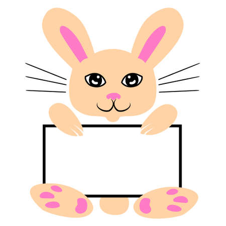 Easter bunny name frame tag for baby. Vector illustration of cute holiday rabbit in pastel colors on white. Funny spring animal with paws and ears for babysuit, tshirt, print, sticker, photo albumのイラスト素材