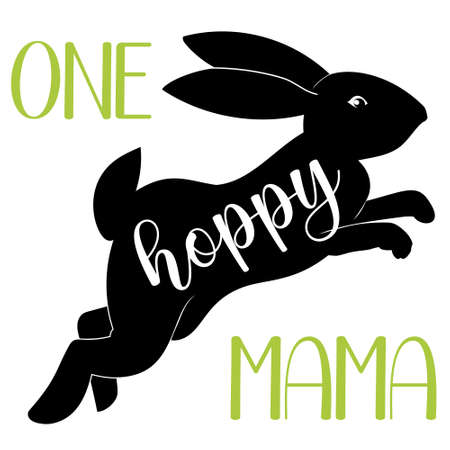 Hand lettering Easter quote for mother. Vector calligraphy illustration with black silhouette of jumping bunny on white and phrase - One hoppy mama. Perfect for tshirt, print, sticker, photo albumのイラスト素材