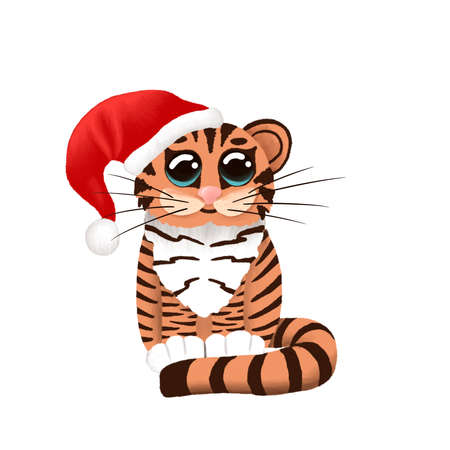 Cute tiger with big eyes as symbol of Chinese New Year. Adorable drawing of cartoon striped character in red Santas hat for baby. Illustration of sitting wildcat isolated on white. Year of the tigerの写真素材