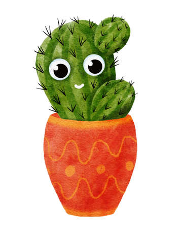 Cute cartoon cactus clip art illustration in flowerpot. Bright watercolor succulent with smiling face isolated on white. Handdrawn prickly green house plant for children stickers or baby design.の写真素材