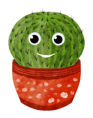 Cute cartoon cactus clip art illustration in flowerpot. Bright watercolor succulent with smiling face isolated on white. Handdrawn prickly green house plant for children stickers or baby design.の写真素材