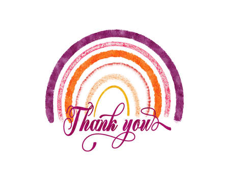 Watercolor illustration of rainbow in boho style. Cute Thank you art design for gratitude in pink colors and orange. Trendy magic element as symbol of happiness. For scrapbooking and stickersの写真素材
